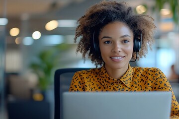 Young professional in a video call discussing business on a laptop with a headset in a modern office, engaging in a remote meeting while managing tasks efficiently, Generative AI