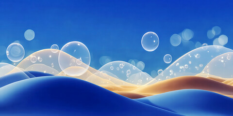 Abstract Blue and Sand Dunes Landscape Background with Floating Clear Soap Bubbles
