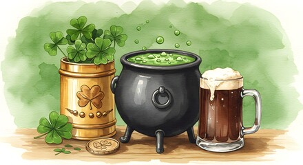 Watercolor depiction of St. Patrick's Day symbols shamrocks, cauldron, and beer