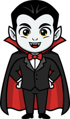 Cute Cartoon Vampire Kid Vector, Standing Dracula Boy with Cape and Fangs, Smiling Halloween Character Illustration