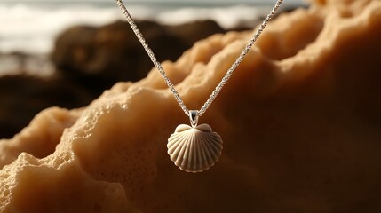 Beautiful seashell necklace gleaming on rocky beach at sunset with gentle waves in background