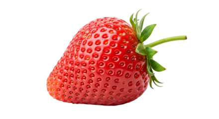 A single red strawberry with a small stem, its vivid color and smooth texture standing out in sharp contrast and visual simplicity