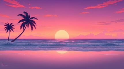 Two palm trees on a beach with waves and a sunset with pink and purple sky and cloud formations view