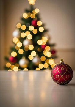 Red Christmas ornament with golden patterns sits on white surface, with beautifully lit Christmas tree in blurred background, creating festive atmosphere and empty space for text