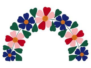 Arched Symmetrical Design of Textured Embroidered Flowers.