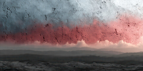 Abstract Landscape Painting Red Clouds Rough Sky Dark Foggy Mountain Horizon