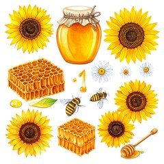 Watercolor illustration featuring sunflowers, honey, honeycomb, bees, and daisies