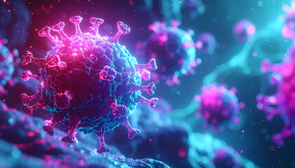 Microscopic view of the SARS-CoV-2 virus, the pathogen responsible for COVID-19, with its characteristic spike proteins.
