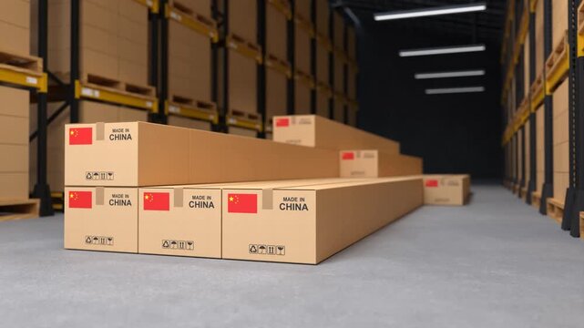 Made in China export boxes in the warehouse, Stacked cardboard boxes with the Chinese flag in the storage room