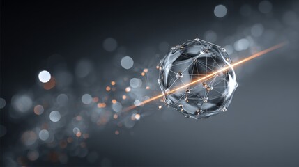 An abstract sphere with geometric structure and a light beam, representing modern technology and digital innovation.