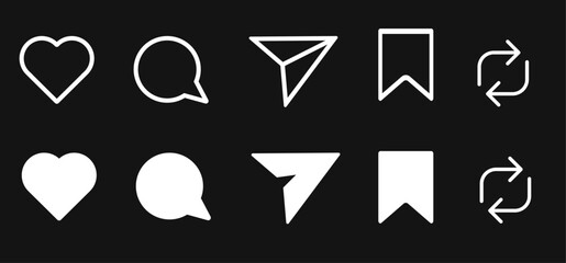 Like, Repost, comment share save vector icon set. Site navigation symbol. Social media web linear sign 