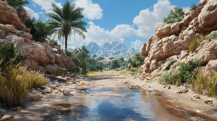 Serene Desert Oasis with Palm Trees and Rocky Canyon under Sunny Sky