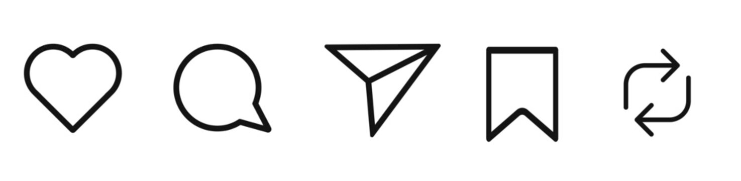 Like, Repost, comment share save vector icon set. Site navigation symbol. Social media web linear sign 