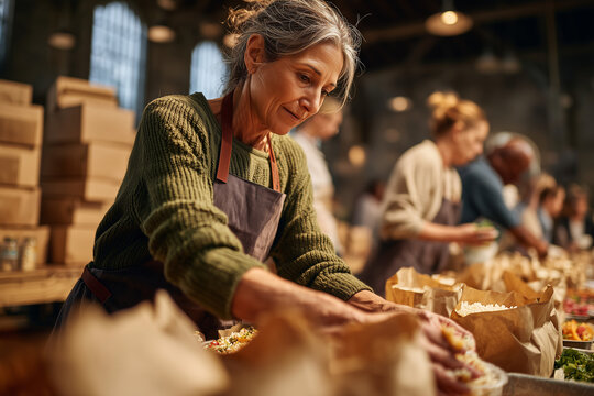 Compassion in Action - Mature Volunteer Packing Meals at a Busy Community Food Bank, Helping Neighbors Through Charity, Teamwork and Care