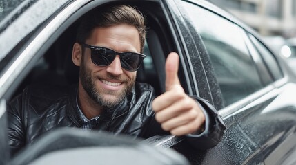 Smiling Caucasian man with sunglasses gives a thumbs up from a car window. He has short brown hair and a beard. The scene is urban and slightly rainy.
