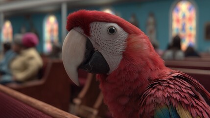 A close-up of a vibrant red macaw parrot in a church setting. The background features blurred church pews and stained glass windows.