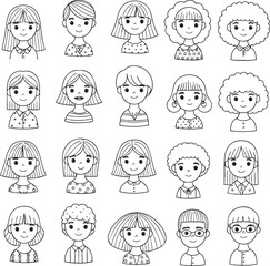 A diverse collection of handdrawn doodle style avatars featuring cute cartoon people with various hairstyles.