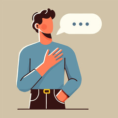 Flat Illustration of a Man with Speech Bubble Icon and Hand on Chest