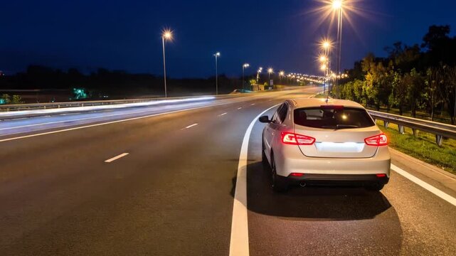 Night Highway Scene: Stationary Car Amidst Fast-Moving Traffic