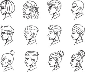 A diverse collection of twelve handdrawn character portraits in profile view featuring various hairstyles and accessories.