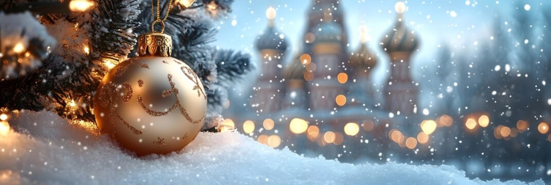 Christmas ornament hangs on tree while snow falls near historic building at twilight