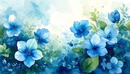 Watercolor Blue Flowers - A Serene Floral Landscape Painting.