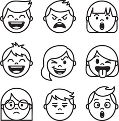 A diverse set of nine cartoon childrens faces showing various emotions as black and white line art icons.