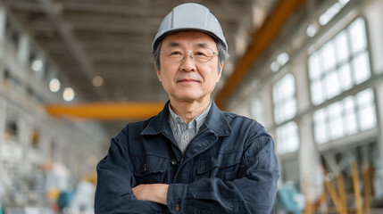 ヘルメットをかぶった作業着のご老人