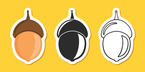 Acorn sticker icon set in flat style. Oak nut vector illustration on isolated background. Nature sign business concept.