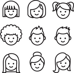 A set of nine black and white line art icons of smiling peoples faces with different hairstyles.