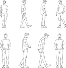 A set of line art illustrations showing a young man in various standing and walking poses.