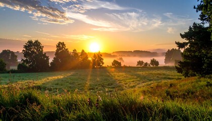 Golden Sunrise Over Rural Landscape - A Serene Morning Scene.