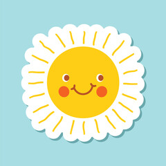 Funny sun with face sticker icon in flat style. Summer sunshine emoji vector illustration on isolated background. Smiling sun sign business concept.