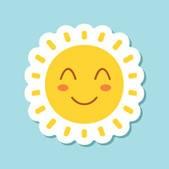 Funny sun with face sticker icon in flat style. Summer sunshine emoji vector illustration on isolated background. Smiling sun sign business concept.