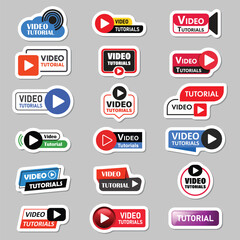 Play video tutorials sticker icon set collection in flat style. Education software vector illustration on isolated background. Webinar training sign business concept.