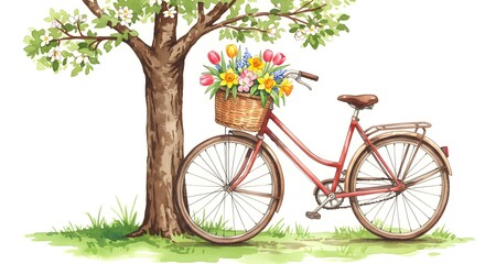 Fototapeta premium Watercolor illustration of a red bicycle with a flower basket parked beneath a flowering tree