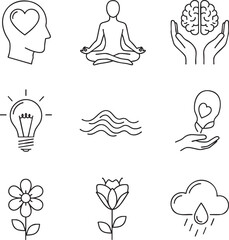 A set of thin line icons representing mental health mindfulness meditation and emotional wellbeing concepts.