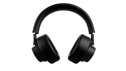 Close-up frontal view of a black over-ear headphone set