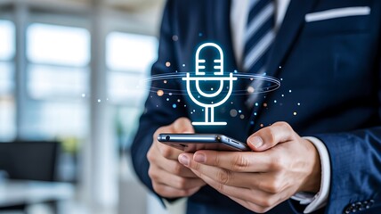 Businessman using smartphone with digital voice assistant icon showing speech recognition and artificial intelligence technology concept
