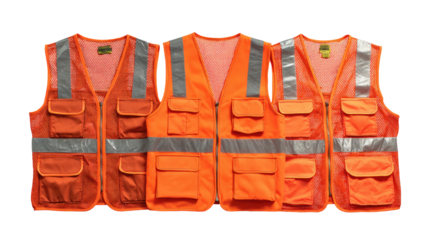 Three vibrant orange safety vests with reflective stripes and multiple pockets, set against black