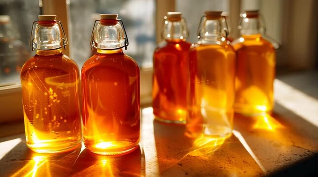 Amber syrup bottle glass with sunlight warm kitchen, rustic homemade beverage craft, golden organic nectar preserved amber glass bottle with warm