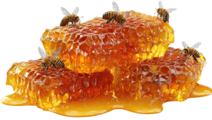 Close-up view of golden, textured honeycomb with several honeybees, and dripping honey