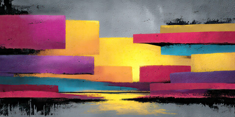 Abstract Graffiti Blocks Paint Texture Yellow Magenta Cyan Grunge Wall Art