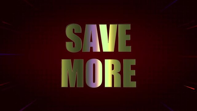 Save More Shiny Golden Text Animation with Neon Colorful Light Flickering and Vibrant Shaking on Black Background Luxury 3D Glowing Typography for Sale, Discount, and Promotional Marketing Video Des