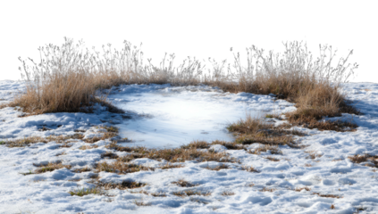 A frosted cluster of dry grass encircles a snowy puddle on a winter landscape