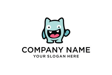 Happy Blue Cartoon Monster Mascot Waving, Cute Character Logo Design