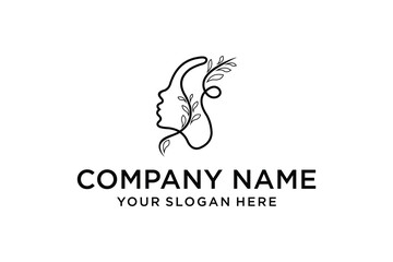 Fototapeta premium Minimalist Continuous Line Art Woman Face with Leaves Logo. Elegant female profile and botanical design concept for branding.