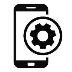 Solid black vector icon of a smartphone overlaid with a large gear symbol. Represents mobile app settings, device optimization, configuration, and technical support. Minimalist, flat design.