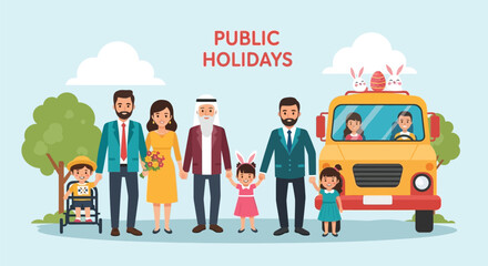 Diverse families celebrating public holidays with yellow school bus outing