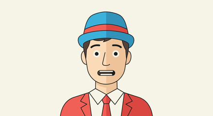 Cartoon portrait of surprised man in suit and hat against plain background